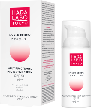 Multifunkcyjny krem Hada Labo Hyalu Renew SPF 50. Biała butelka z pompką i pudełko z różowym kołem i logo Hada Labo, widok z przodu.