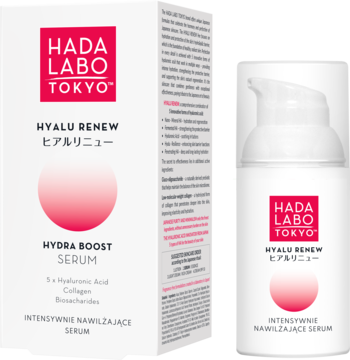 Hada Labo Tokyo Hyalu Renew Hydra Boost Serum, intensywnie nawilżające, biały kartonik i butelka z pompką, przód.