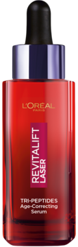 Czerwone serum L'Oréal Revitalift Laser z peptydami, szklana butelka z fioletowym zakraplaczem, widok z przodu.