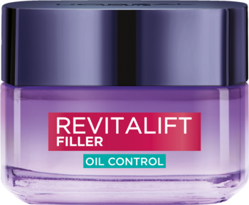 L'Oréal Revitalift Filler Oil Control, matujący żel-krem do twarzy w fioletowym słoiczku, widok z przodu.