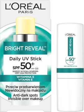 L'Oréal Paris Bright Reveal Daily UV Stick SPF 50+, biały sztyft z żółtym detalem, obok opakowania, front.
