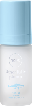 Ujędrniające serum Yope Waterfully Plump z peptydami, biała butelka z błękitną pompką i wielorybem, widok z przodu.