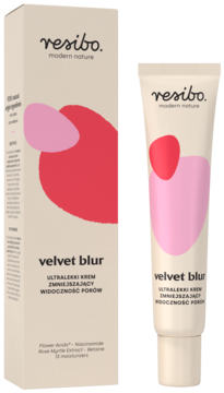 Resibo Velvet Blur ultralekki krem zmniejszający pory. Biały kartonik i beżowa tubka z różowo-czerwonymi kształtami, widok z przodu.