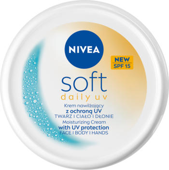 Biały okrągły słoik NIVEA Soft daily UV SPF 15, krem nawilżający z filtrem, widok z góry, niebieskie logo.
