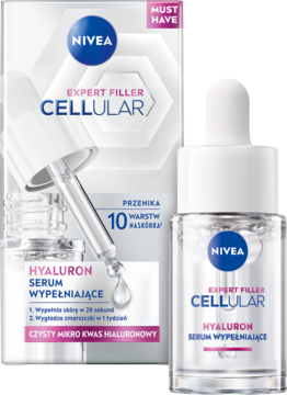 NIVEA EXPERT FILLER CELLULAR HYALURON Serum Wypełniające w butelce z pipetą obok białego opakowania produktu.
