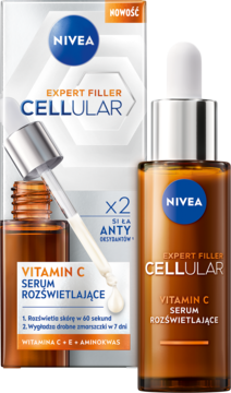 NIVEA Expert Filler Cellular Vitamin C Serum Rozświetlające, butelka z pipetą i pudełko. Z witaminami C+E.