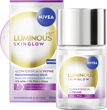 Nivea Luminous Skin Glow Esencja w płynie 100ml (AHA+PHA), butelka i fioletowe opakowanie kartonowe.