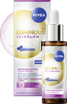 Serum NIVEA LUMINOUS SKIN GLOW z Thiamidolem w brązowej butelce z zakraplaczem, z opakowaniem z tyłu.