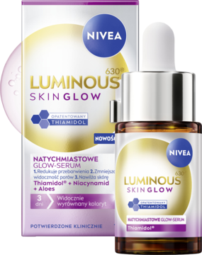 Nivea Luminous 630 Skin Glow serum na przebarwienia, w brązowej butelce z pipetą, obok kartonowe opakowanie.