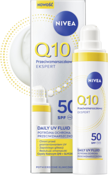 NIVEA Q10 Daily UV Fluid SPF 50 przeciwzmarszczkowy, biała butelka z pompką, pudełko, widok z kremem.