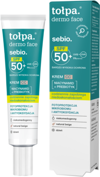 Tołpa Dermo Face Sebio CC SPF 50+, biała tuba i pudełko, natural beige, chroni przed UV i niedoskonałościami.