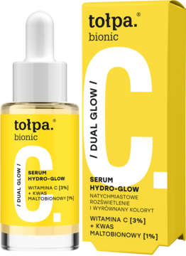 Tołpa Bionic serum Hydro-Glow z witaminą C i kwasem maltobionowym. Żółty kartonik i butelka z pipetą.