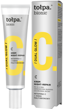 Krem Tołpa Bionic Night-Repair z witaminą C w srebrnej tubce i pudełku z żółtą literą C, widok z przodu.