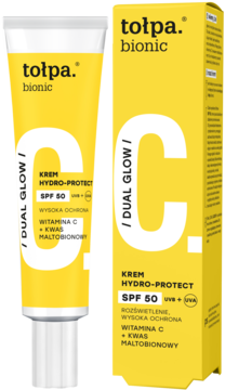 Tołpa Bionic Hydro-Protect SPF 50 rozświetlający krem z witaminą C, żółta tubka i pudełko, widok z przodu.