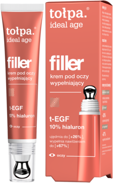 Tołpa Ideal Age Filler krem pod oczy z 10% hialuronem i t-EGF, w różowej tubce z aplikatorem i pudełku, widok z przodu.