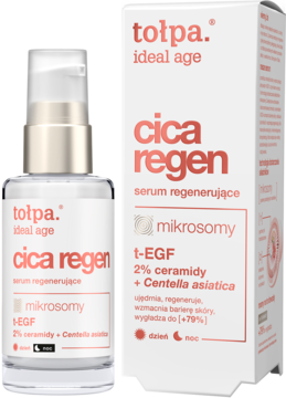 Biała butelka serum Tołpa Ideal Age Cica Regen z pompką i kartonik. Napisy czerwone, t-EGF, ceramidy, Centella.