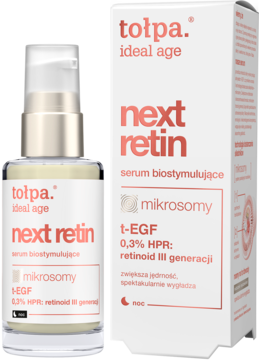 Tołpa Ideal Age Next Retin serum biostymulujące na noc, butelka i pudełko, retinoid III gen.