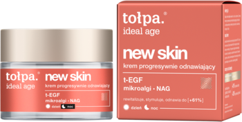 Tołpa Ideal Age New Skin krem progresywnie odnawiający z t-EGF, w słoiczku i pomarańczowym pudełku.