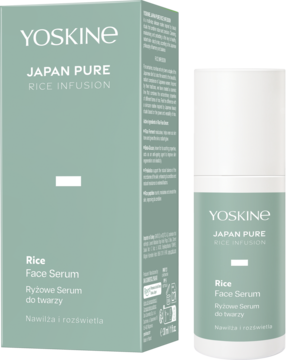 Yoskine Japan Pure Rice Infusion, serum ryżowe do twarzy, w miętowym opakowaniu z widocznym tekstem i butelką.