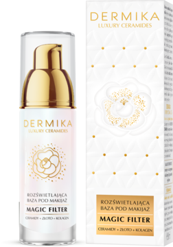 Dermika Luxury Ceramides Magic Filter rozświetlająca baza w złotej pompce i białym pudełku, widok przód.