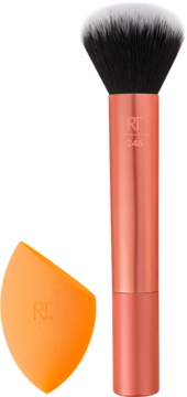 Zestaw Real Techniques Everything Blending Duo: pomarańczowa gąbka Miracle Complexion i pędzel RT 246 do makijażu.