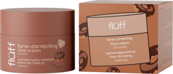 Fluff tone-correcting face cream chocolate, brązowy słoik i opakowanie z grafiką pączków, obok siebie.