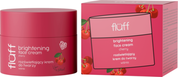 Fluff brightening face cream cherry w różowym słoiczku i kartoniku, widok z przodu. Rozświetlający, z witaminą C.