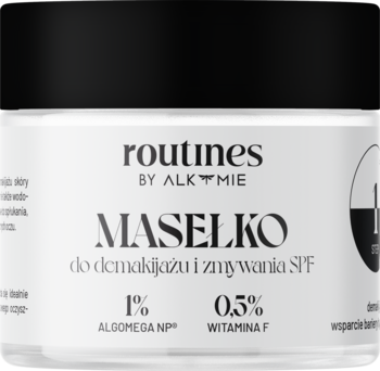 Masełko do demakijażu i zmywania SPF Routines by Alkmie, biały słoiczek z czarną nakrętką, widok z góry.