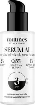 Routines by Alkmie Serum AI przeciw niedoskonałościom w białej butelce z czarną pompką, widok z przodu.