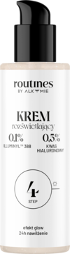 Krem rozświetlający Routines by Alkmie w beżowej butelce z czarną pompką, widok z przodu, z Illuminyl™ i kwasem hialuronowym.
