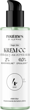 Routines by Alkmie KREM CC redukujący zaczerwienienia w jasnej butelce z pompką, przód. Z Neurophroline, efekt blur.