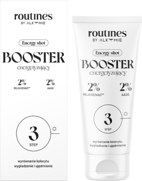Energetyzujący booster Routines by Alkmie, białe opakowanie i tubka z 2% RejuveNAD™ i 2% AA2G, widok z przodu.