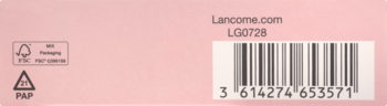 Różowy fragment opakowania zestawu Lancome z adresem Lancome.com, kodem kreskowym, numerem LG072B i symbolami recyklingu.