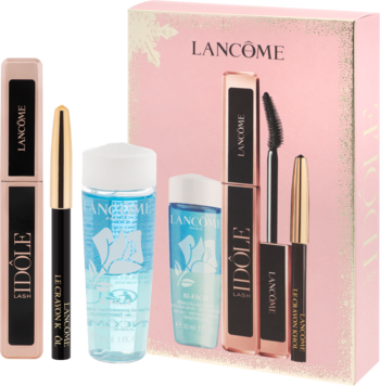 Lancome zestaw: różowe pudełko, tusz Lash Idôle, kredka Le Crayon Khôl, płyn Bi-Facil na tle pudełka.