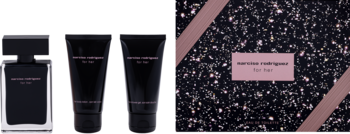 Zestaw Narciso Rodriguez For Her: czarny flakon, balsam i żel pod prysznic, na tle opakowania.