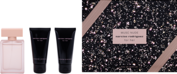 Zestaw Narciso Rodriguez For Her Musc Nude: różowa woda perfumowana, czarny balsam i żel na błyszczącym tle.