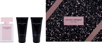 Zestaw Narciso Rodriguez For Her: różowa woda perfumowana, dwa czarne balsamy, na tle brokatowego pudełka prezentowego.