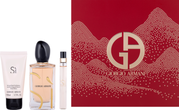 Zestaw upominkowy Giorgio Armani Si: woda perfumowana 100ml, spray 10ml, balsam 50ml; na czerwonym tle z logo.