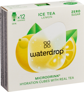 Waterdrop Ice Tea Lemon microdrink, białe opakowanie z cytrynami i logo, zero cukru, 12 porcji, widok z przodu.