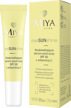 Miya eyeSUNshine serum pod oczy SPF 50 z wit. C. Żółta tubka i pudełko na białym tle, widok przód.