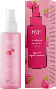 Różowa butelka mgiełki Fluff odżywcza malinowa i jej kartonik. Widok przodu z napisem nourishing face mist.