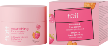 Fluff odżywczy krem do twarzy Malina & Migdał, różowy słoiczek i pudełko z grafiką owoców.