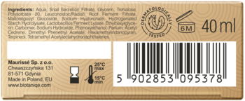 Tył opakowania serum Biotaniqe Terapia Śluzem Ślimaka 40 ml z listą składników, kodem kreskowym i ikonami.