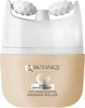 Biotaniqe Snail Repair Therapy serum z anti-aging rollerem masującym. Beżowe z białymi głowicami z wypustkami.