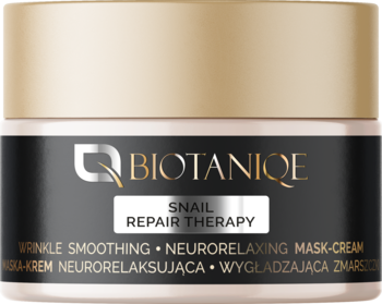 Biotaniqe Snail Repair Therapy neurorelaksująca krem-maska przeciw zmarszczkom w szarym słoiku ze złotą nakrętką, widok z przodu.