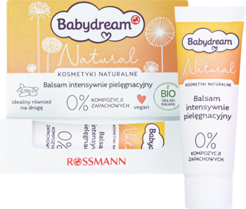 Balsam Babydream Natural intensywnie pielęgnacyjny, żółty kartonik i biała tubka, z napisem 0% zapachu.