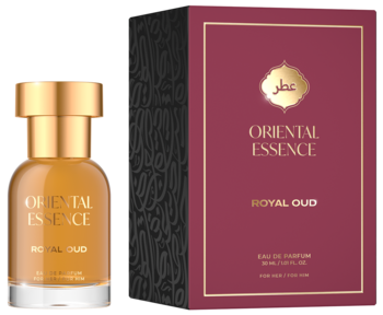 Oriental Essence Royal Oud perfumy, złota butelka z bursztynowym płynem i bordowe opakowanie z arabskim logiem.