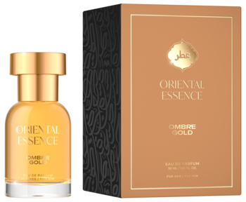 Perfumy Oriental Essence Ombre Gold, butelka i pudełko w złotych odcieniach, widok z przodu. Zapach balsamiczny gourmand.