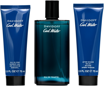 Zestaw Davidoff Cool Water dla mężczyzn: woda toaletowa, żel pod prysznic i balsam po goleniu w niebieskich opakowaniach.