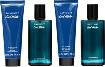 Dwa zestawy Davidoff Cool Water dla mężczyzn, z niebieskimi butelkami wody toaletowej i tubami balsamu oraz żelu.